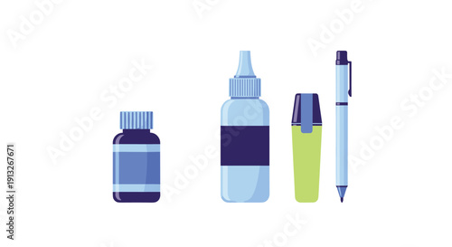 Collection of stationery items including a blue ink bottle, liquid glue, green highlighter, and a ballpoint pen on white.