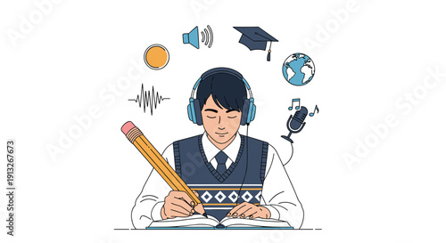 Male student wearing headphones studying with a giant pencil and book surrounded by educational icons and symbols.