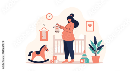 Pregnant woman standing in a nursery room holding baby clothes near a crib surrounded by toys and a rocking horse.