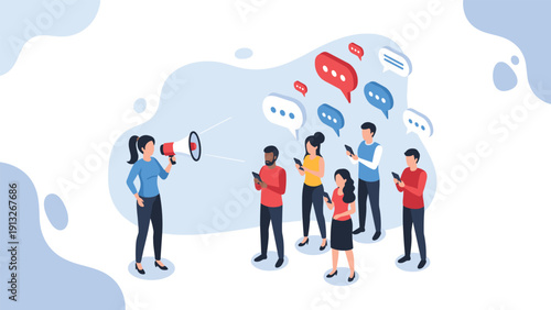 Woman using a megaphone to broadcast a message to a group of people who are looking at their smartphones with chat bubbles.