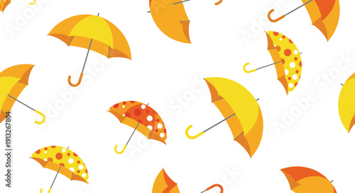 Bright seamless pattern featuring yellow and orange umbrellas with polka dots scattered on a white background.