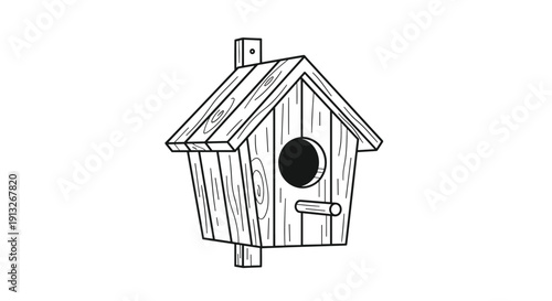 Classic wooden birdhouse with a pitched roof and a round entry hole depicted in a simple black and white sketch.