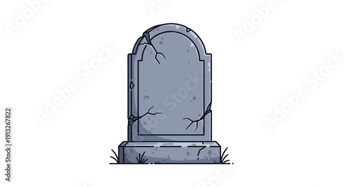 Weathered grey stone tombstone with cracks and small tufts of grass at its base depicted in a minimalist flat style.