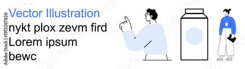 Marketing, consumer behavior, design, communication, product branding, creative layout. Stylized figures, milk carton and placeholder text. Marketing and consumer behavior concept