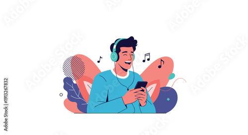 Happy young man wearing headphones listening to music and smiling while using his smartphone for entertainment.