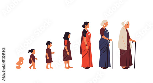 Illustration showing the stages of a woman's life from infancy to old age representing the cycle of human growth.