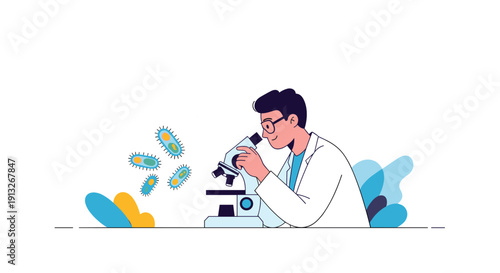 Scientist wearing glasses and a lab coat looking through a microscope at bacteria cells for research purposes.