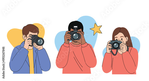 Group of three diverse photographers holding cameras and taking photos in various poses against abstract shapes.