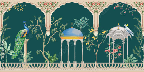 Mughal garden arch, plant, peacock pattern illustration for wallpaper. Traditional garden wallpaper design vector illustration.