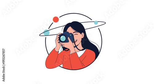 Smiling woman holding a digital camera and taking a photo framed within a circular border with abstract planets.