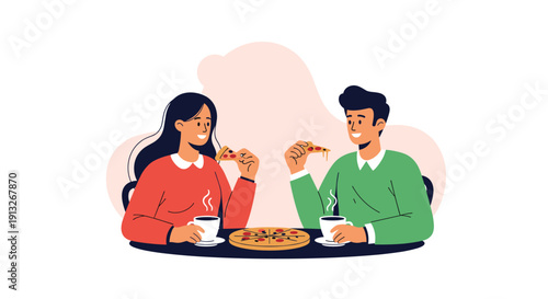 Young couple sitting at a table eating slices of pepperoni pizza and drinking coffee together in a cozy setting.