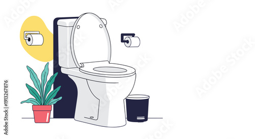 Modern and clean bathroom interior featuring a white toilet, toilet paper rolls, a trash can, and a potted plant.