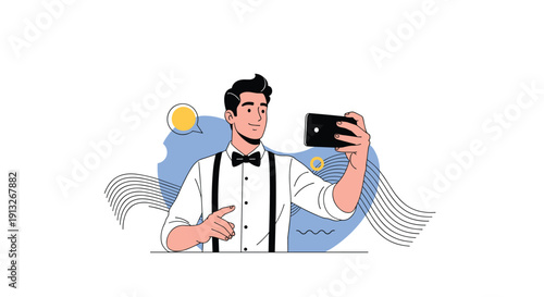 Man dressed in a white shirt and black bow tie with suspenders taking a selfie with his smartphone in his hand.