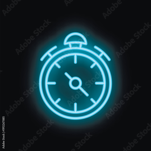 Blue neon stopwatch icon glowing on black background representing deadline and time management concept
