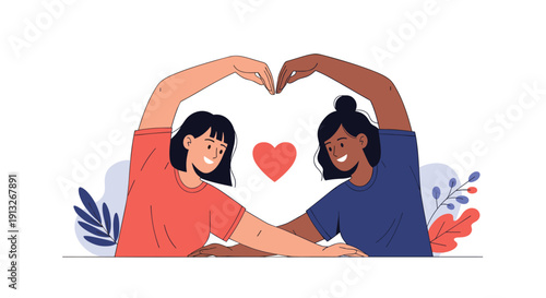 Two diverse young women sitting together and using their arms and hands to form a large heart shape between them.