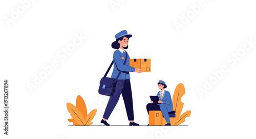 Female delivery worker in blue uniform walking with a cardboard box while another worker sits nearby with a tablet.