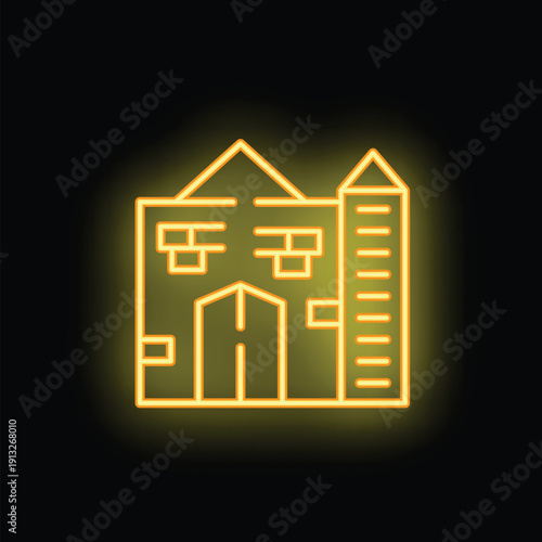 Yellow neon icon of a medieval castle, glowing on a black background