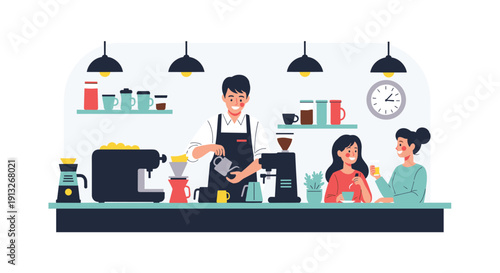Friendly barista prepares coffee behind a modern cafe counter while two female customers chat and enjoy their drinks in a cozy shop environment.