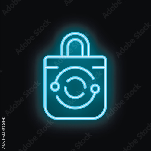 Blue neon sign of a shopping bag glowing on a dark background, perfect for any online shopping or marketing campaign