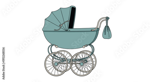 Classic vintage baby carriage in a vibrant teal blue color features a tall canopy, thin spoked wheels, and a matching bag hanging from the handle.