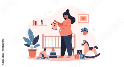 Expectant mother stands in a decorated nursery holding a tiny baby garment while preparing for her new arrival among crib toys and various plants.