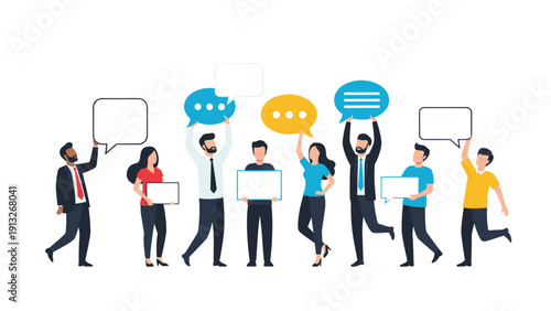 Diverse group of business people holding blank speech bubbles and white boards to express ideas and communication.