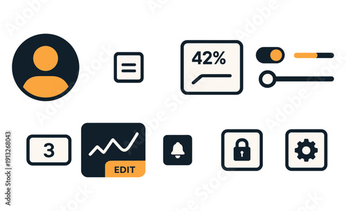 Dashboard icons representing user profile, statistics, and security features