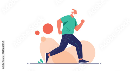 Energetic senior man with a white beard goes for a run wearing a green t-shirt and dark pants against an abstract peach and orange background.