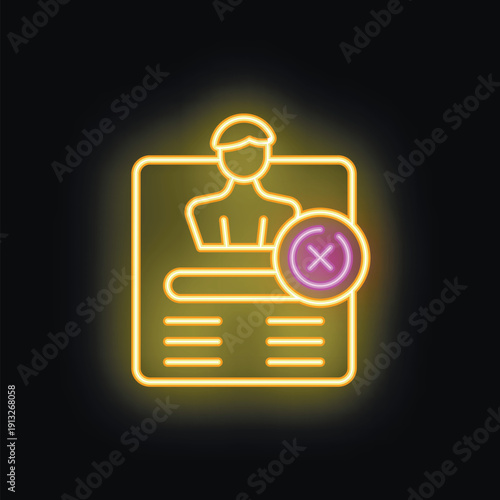 Bright neon icon of account cancellation with cross mark and profile picture