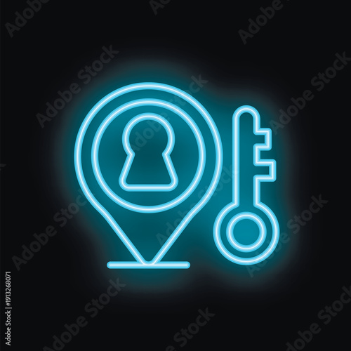 Blue neon icon of a pin location with keyhole and key representing access control, security and privacy