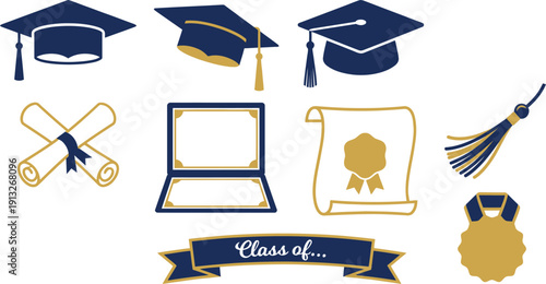 Graduation flat vector icons with 10 navy blue gold mortarboard cap tassel front tilted view diploma scroll crossed ribbon certificate case seal banner medallion star academic