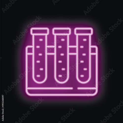 Neon icon of test tubes glowing purple against a dark background, perfect for representing scientific themes