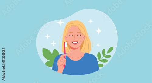 Smiling young woman with blonde hair brushes her teeth with a pink toothbrush while surrounded by shining stars and green leaves for hygiene.