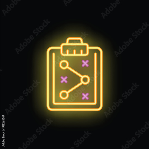 Glowing neon line icon of clipboard with sport game strategy, isolated on black background