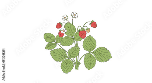 Detailed illustration of a strawberry plant features ripe red berries, white blossoms, and green leaves against a plain white stark background.