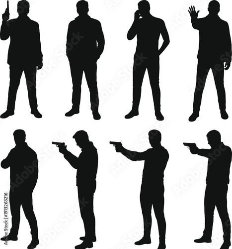 Spy agent silhouette collection, secret mission male character set, detective action poses, security operative figures, black flat vector illustration