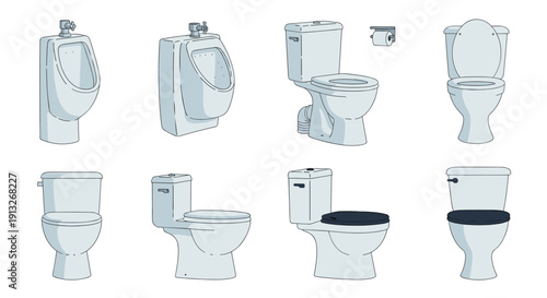 Collection of various modern and traditional bathroom fixtures includes white toilets, urinals, and a toilet paper roll for plumbing projects.