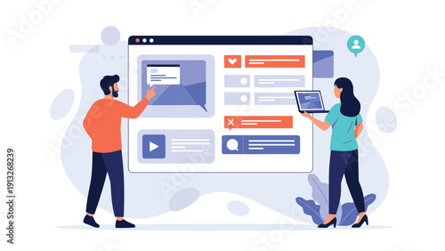 Professional web designers working together on a website interface layout using digital tools and a large screen.