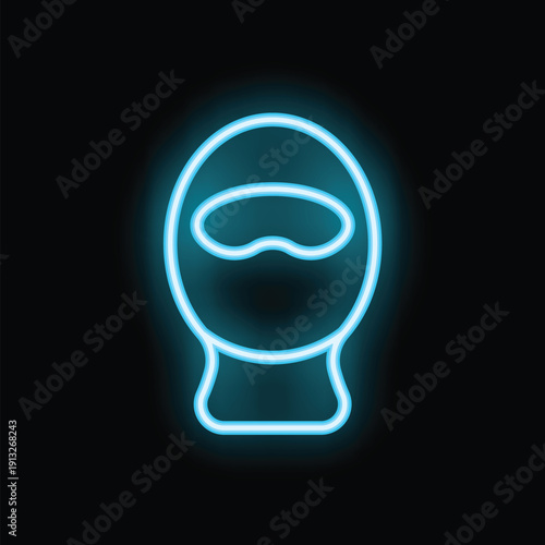 Blue neon icon of a balaclava glowing on a dark background