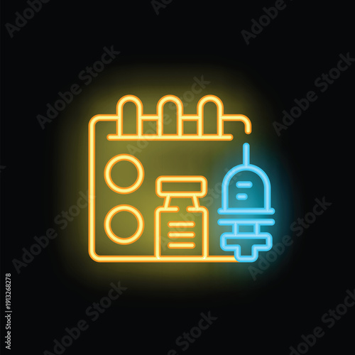 Neon glowing icon of a vaccination schedule with a syringe and medical vial on a calendar