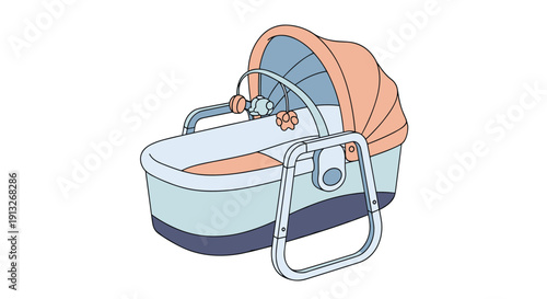 Modern baby bassinet in soft blue and peach colors features a large canopy, safety handles, and a hanging toy bar for an infant nursery room.