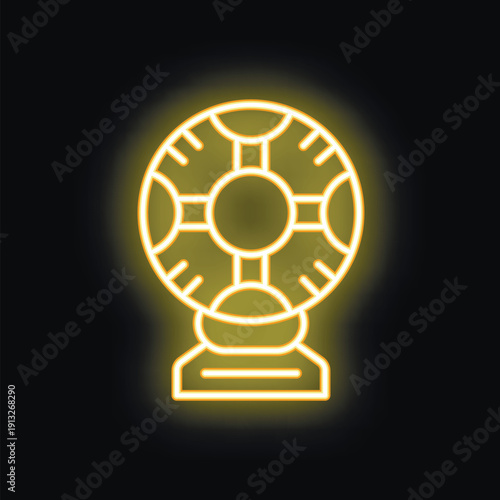 Bright yellow neon icon depicting a vintage desk fan, with its circular grille and rotating blades, suggesting a source of refreshing airflow