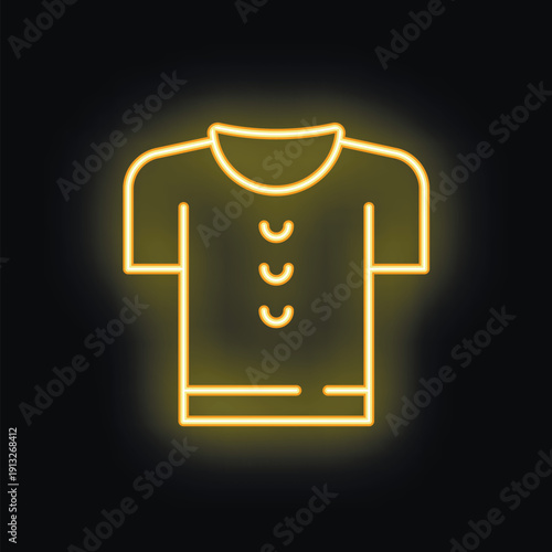 Bright yellow neon sign in the shape of a t shirt is glowing on a black background