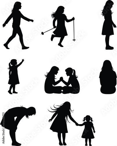 Collection of diverse black silhouette poses of young girls engaged in various activities isolated on white
