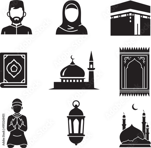 Essential Black and White Islamic Icons Set for Religious Observance and Cultural Representation
