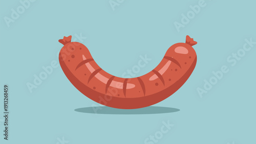 Illustration of a single curved red sausage with grill marks isolated on a light blue background for food themes.