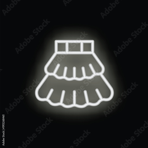 White neon sign depicting a layered frilled skirt glowing on black background