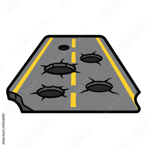Damaged road surface with potholes and cracks on a gray asphalt highway from a top-down viewpoint