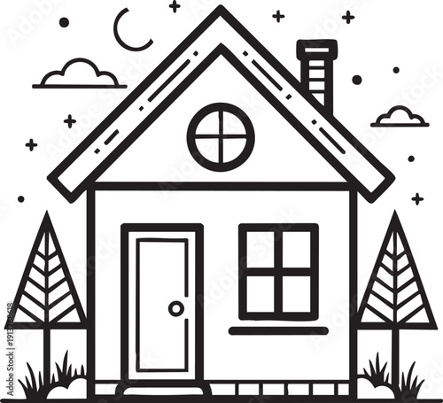 Minimalist House Line Art Illustration with Pine Trees and Night Sky Elements, Simple Home Exterior Vector Drawing for Real Estate Branding and Coloring Page