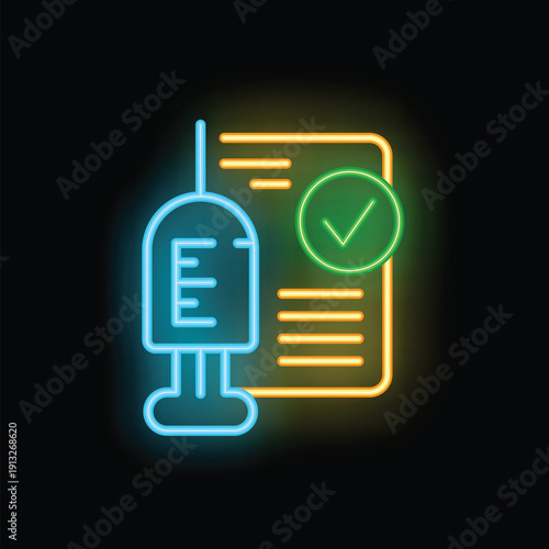 Neon icon of a syringe and a vaccination record with a green check mark, glowing on a dark background